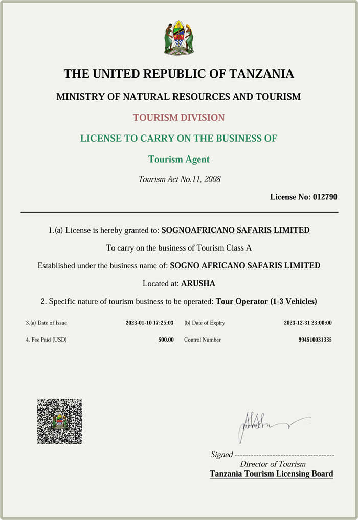 Certificate of incorporation of company Sogno Africano Safaris, Safari in Tanzania