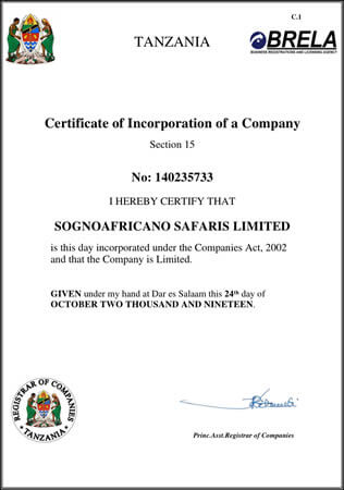 Certificate of incorporation of company Sogno Africano Safaris, Safari in Tanzania
